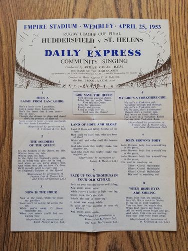 Huddersfield v St Helens 1953 Challenge Cup Final Rugby League Songsheet