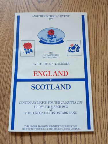 England v Scotland 1993 Wooden Spoon Society Eve of Match Rugby Dinner Menu