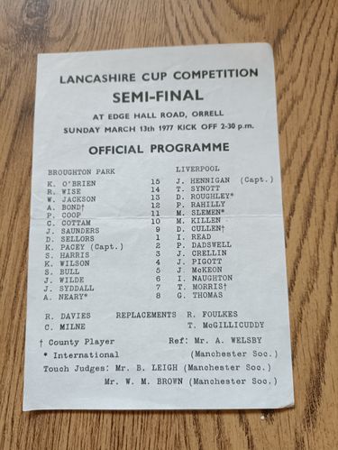 Broughton Park v Liverpool Mar 1977 Lancashire Cup Semi-Final Rugby Programme