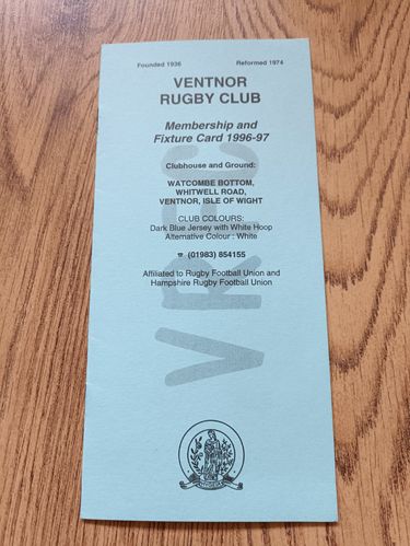 Ventnor Rugby Club 1996-97 Membership and Fixture Card