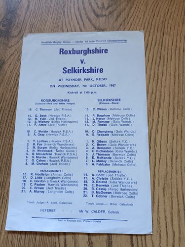 Roxburghshire U18 v Selkirkshire U18 Oct 1987 Rugby Teamsheet
