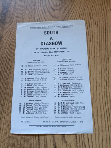 South U18 v Glasgow U18 Nov 1987 Rugby Teamsheet