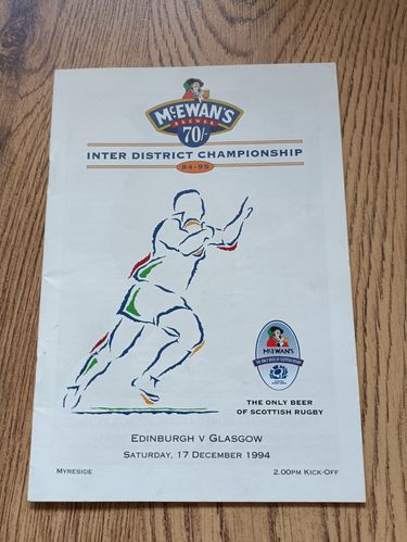 Edinburgh v Glasgow Dec 1994 Rugby Programme