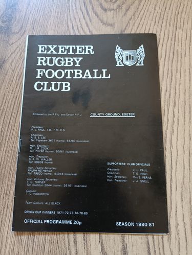 Exeter v Exeter University Mar 1981 Rugby Programme