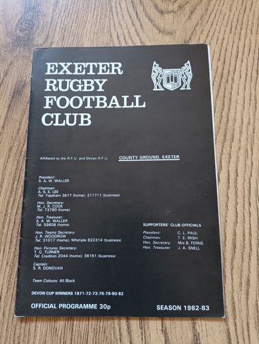 Exeter v Exeter University Feb 1983 Rugby Programme
