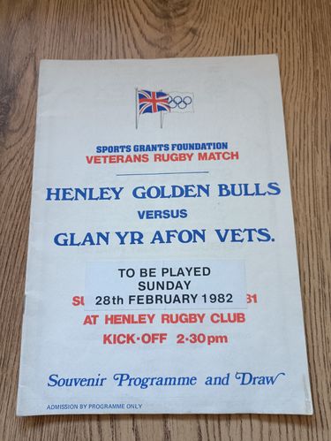 Henley Golden Bulls v Glan Yr Afon Vets Feb 1982 Rugby Programme