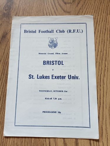 Bristol v St Lukes Exeter University Oct 1979 Rugby Programme