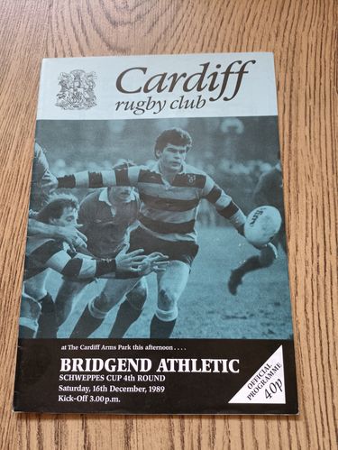 Cardiff v Bridgend Athletic Dec 1989 Schweppes Cup Rugby Programme