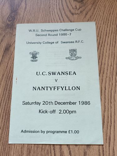University College of Swansea v Nantyffyllon 1986 Schweppes Cup Rugby Programme