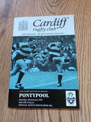 Cardiff v Pontypool Jan 1992 Rugby Programme