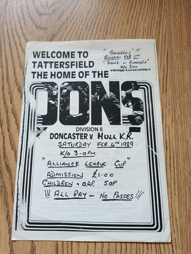 Doncaster 'A' v Hull KR 'A'  Feb 1989 Alliance League Cup Rugby Programme