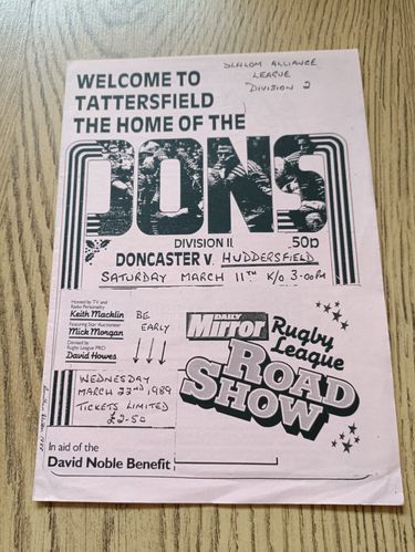 Doncaster 'A' v Huddersfield 'A'  Mar 1989 Rugby League Programme