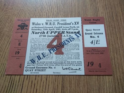 Wales v WRU President's XV Apr 1981 Used Rugby Ticket