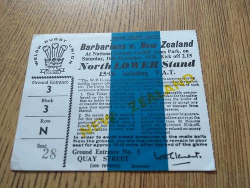 Barbarians v New Zealand Dec 1978 Used Rugby Ticket