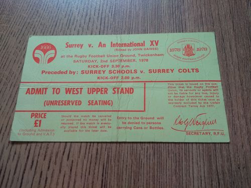Surrey v An International XV Sept 1978 Centenary Used Rugby Ticket