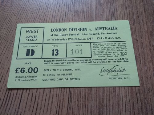 London Division v Australia Oct 1984 Used Rugby Ticket