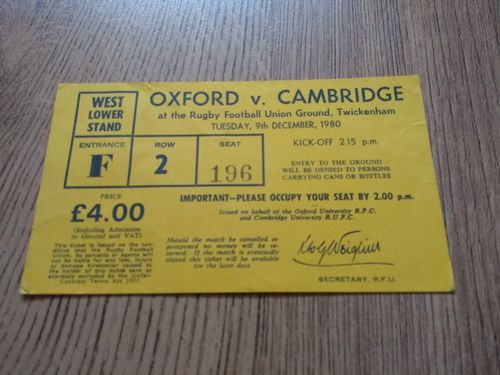 Oxford University v Cambridge University Dec 1980 Used Rugby Ticket