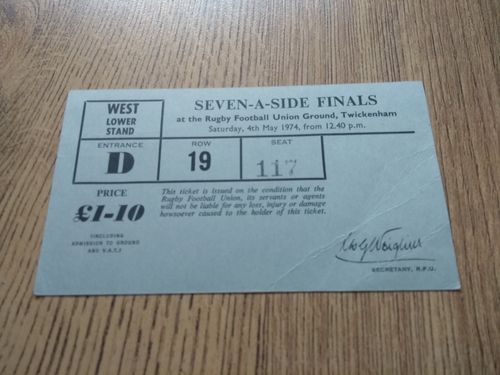 Middlesex Sevens May 1974 Used Rugby Ticket