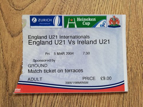 England U21 v Ireland U21 Mar 2004 Used Rugby Ticket