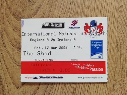 England A v Ireland A Mar 2006 Used Rugby Ticket