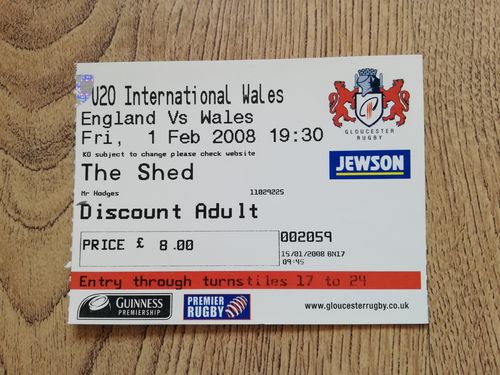 England U20 v Wales U20 Feb 2008 Used Rugby Ticket