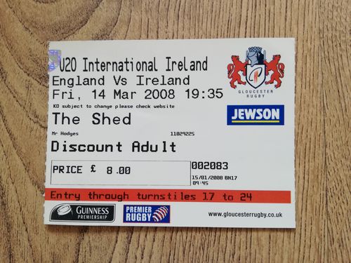 England U20 v Ireland U20 Mar 2008 Used Rugby Ticket