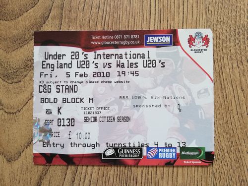 England U20 v Wales U20 Feb 2010 Used Rugby Ticket