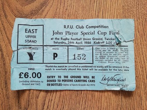 Bath v Wasps 1986 John Player Cup Final Rugby Ticket