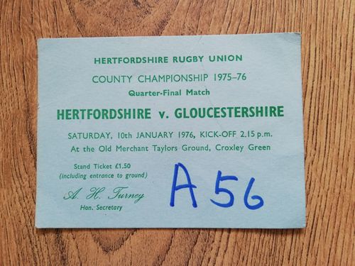 Hertfordshire v Gloucestershire 1976 County Quarter-Final Used Rugby Ticket