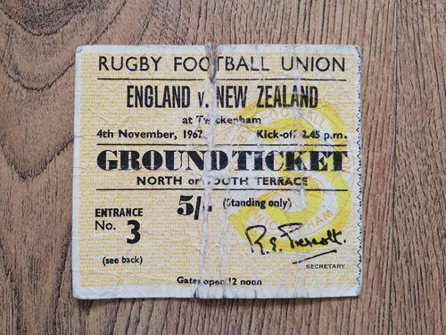England v New Zealand Nov 1967 Used Rugby Ticket