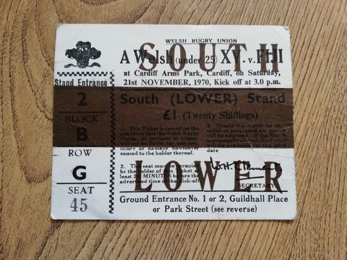 A Welsh (Under 25) XV v Fiji 1970 Used Rugby Ticket