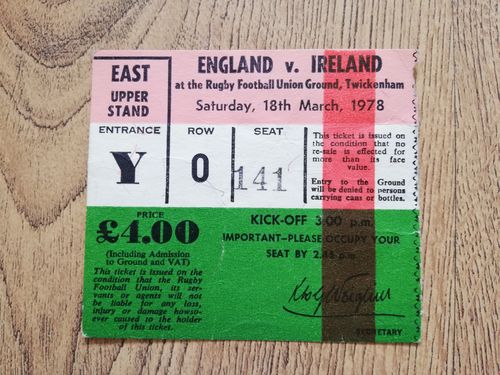 England v Ireland 1978 Used Rugby Ticket
