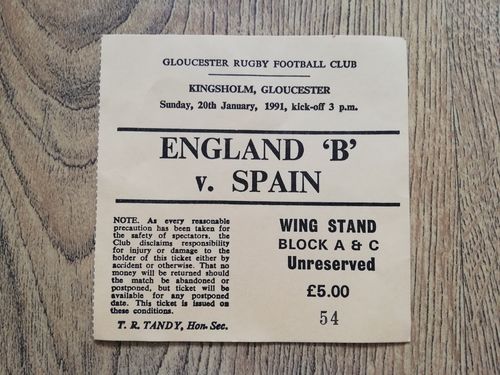 England 'B' v Spain 1991 Used Rugby Ticket