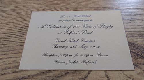 Leicester '100 Years of Rugby at Welford Road' 1993 Dinner Invitation Card