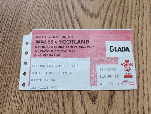 Wales v Scotland 1992 Used Rugby Ticket