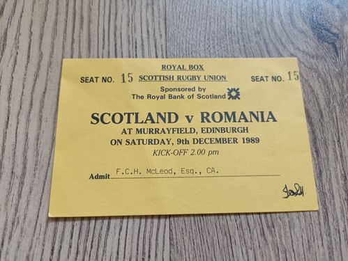 Scotland v Romania 1989 Used Royal Box Rugby Ticket