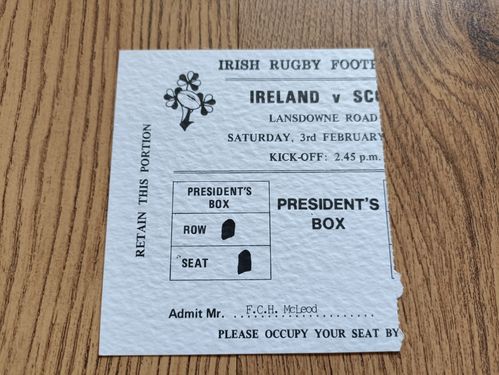 Ireland v Scotland Feb 1990 Used President's Box Rugby Ticket