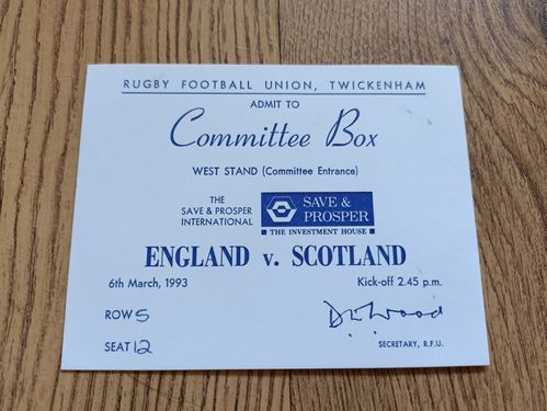 England v Scotland 1993 Used Committee Box Rugby Ticket