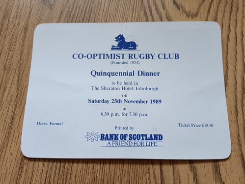 Scottish Co-Optimists Nov 1989 Quinquennial Dinner Invitation Card
