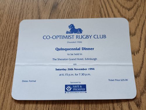 Scottish Co-Optimists Nov 1994 Quinquennial Dinner Invitation Card