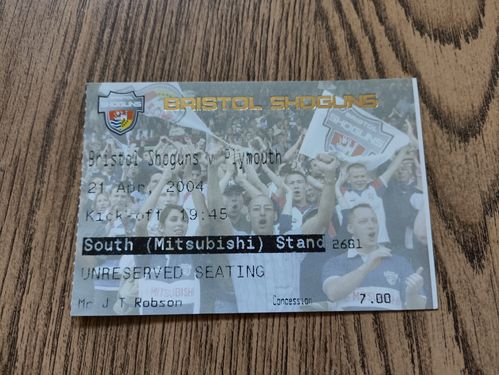 Bristol v Plymouth Apr 2004 Used Rugby Ticket
