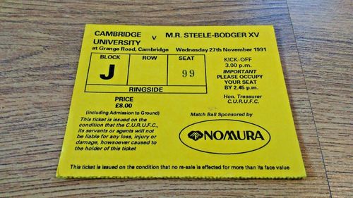 Cambridge University v M.R. Steele-Bodger XV Nov 1991 Used Rugby Ticket
