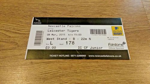Newcastle Falcons v Leicester Tigers Mar 2015 Used Rugby Ticket