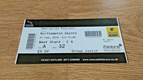 Newcastle Falcons v Northampton Saints Feb 2016 Used Rugby Ticket