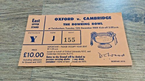 Oxford University v Cambridge University Dec 1989 Used Rugby Ticket