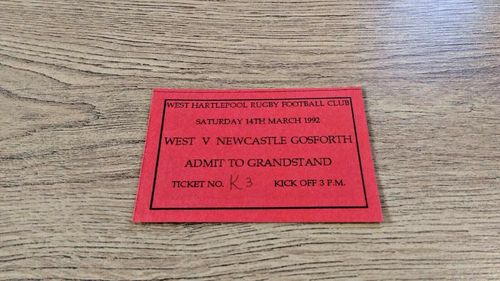 West Hartlepool v Newcastle Gosforth Mar 1992 Used Rugby Ticket