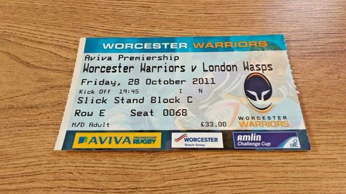 Worcester Warriors v London Wasps Oct 2011 Used Rugby Ticket