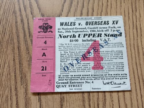 Wales v Overseas XV 1980 Used Rugby Ticket