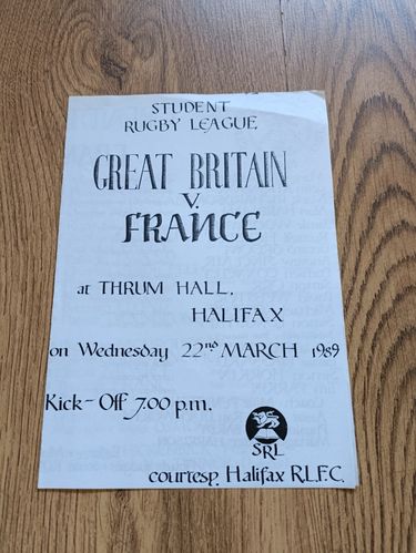 Great Britain Students v France Students 1989 Rugby League Programme