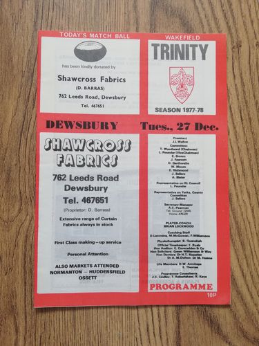 Wakefield Trinity v Dewsbury Dec 1977 Rugby League Programme